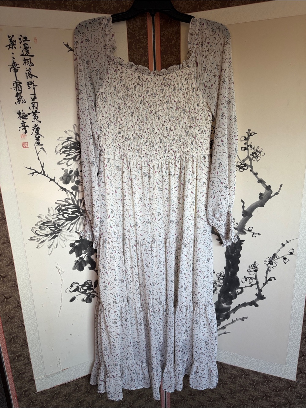 Smocked Square-Neck Maxi Dress in Cream Floral